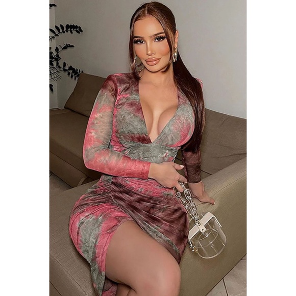 Fashion Nova Tie Dye Me Down Mesh Midi Dress - Wine/combo Large NWT - Picture 3 of 6